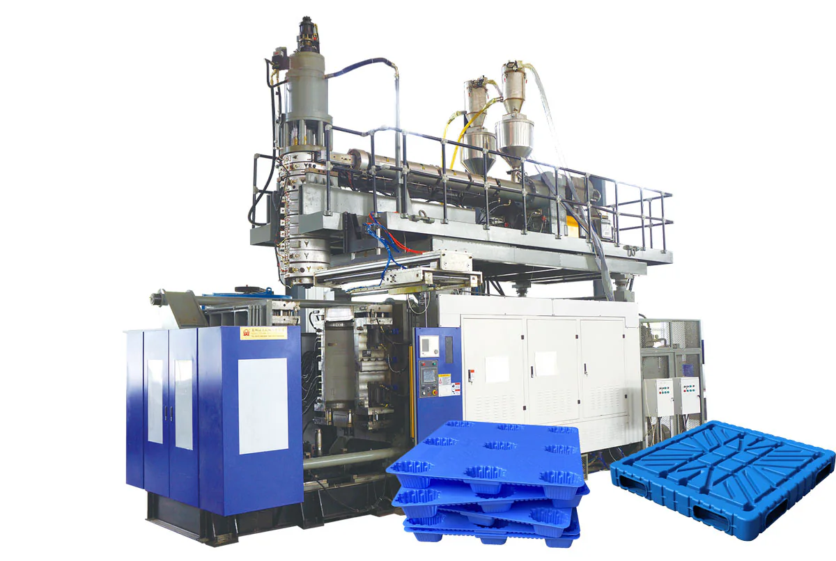 Large blow molding machine with blue pallet samples