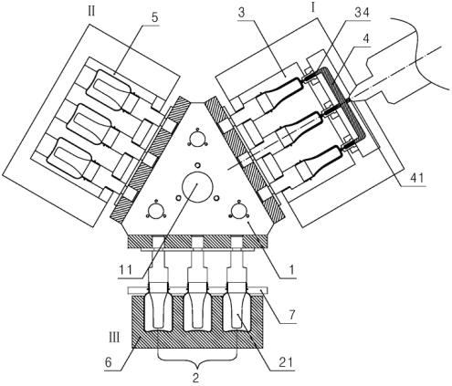 Technical diagram of a multi-station molding arrangement